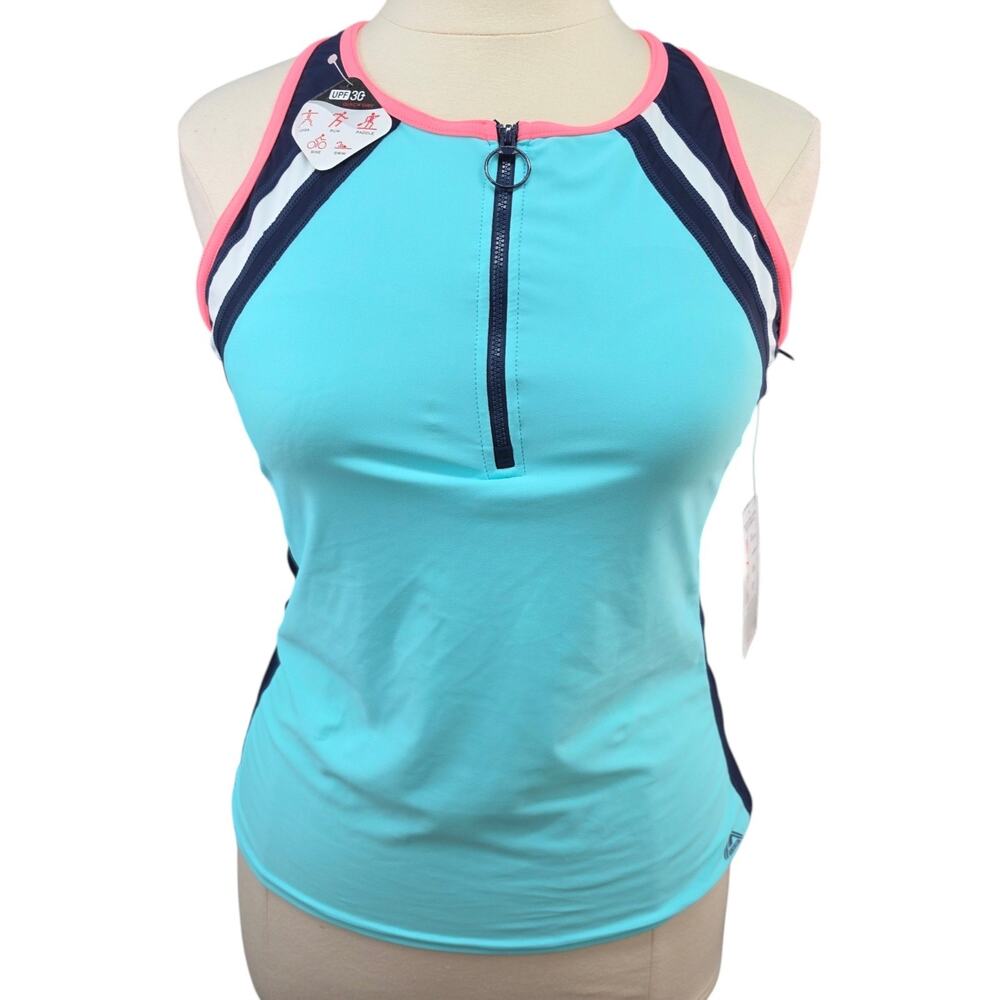 ZeroXposur Colorblock Tankini Top XXL 16 Aqua Navy Pink UPF 30 Zip Front NWT